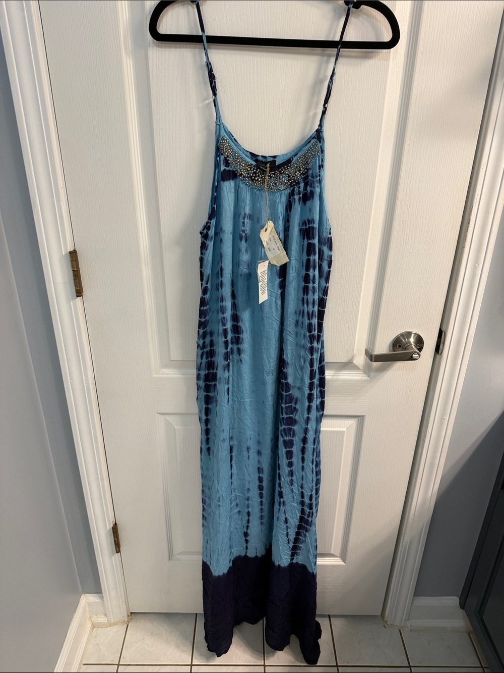 Boho Me Embellished Light Blue Tie-Dye Maxi Dress with Spaghetti Straps